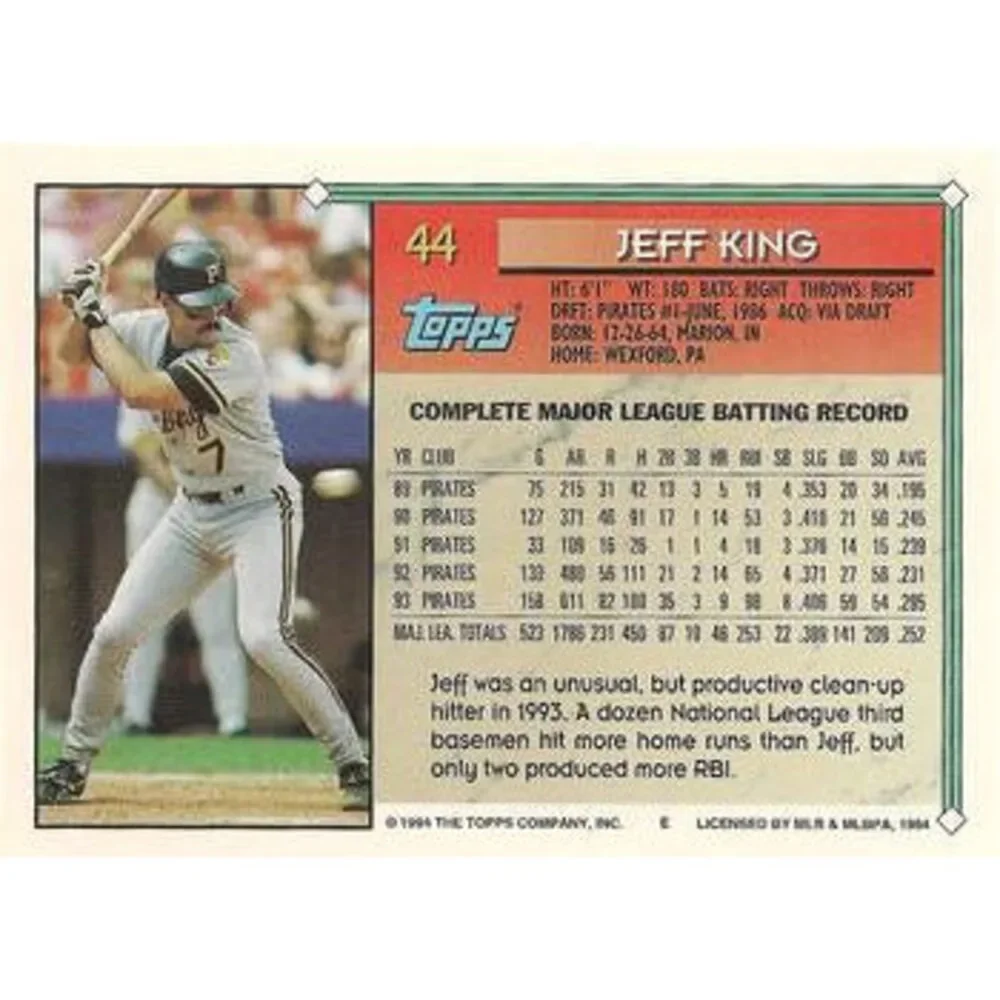 1994 Topps Jeff King # 44 Pittsburgh Pirates